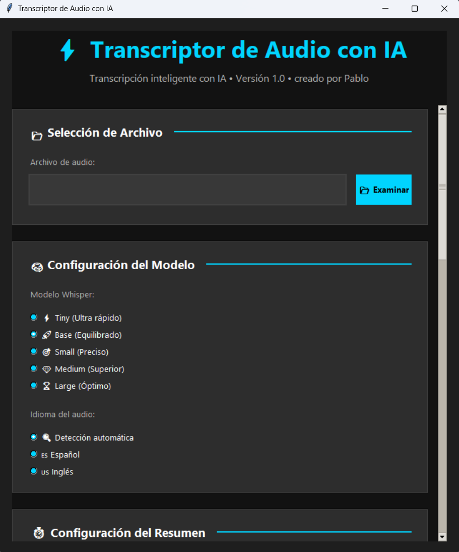 Captura de pantalla de la interfaz del Transcriptor